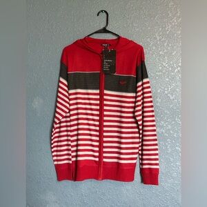 Faze1 Men's Red and Gray Striped Zip-Up Sweater